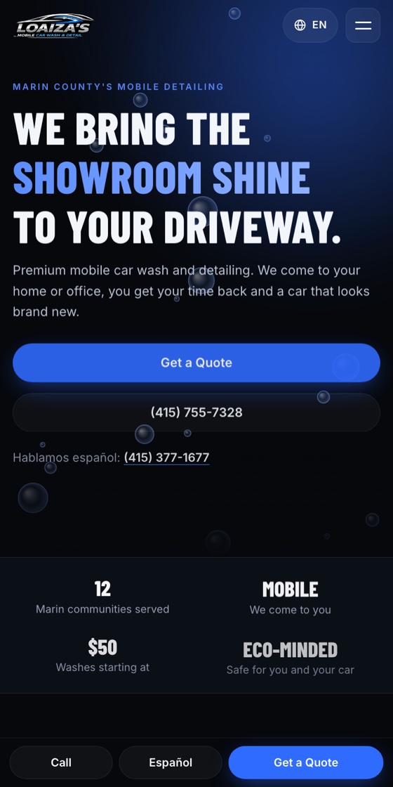 Homepage of Loaiza's Mobile Car Wash & Detailing on a phone